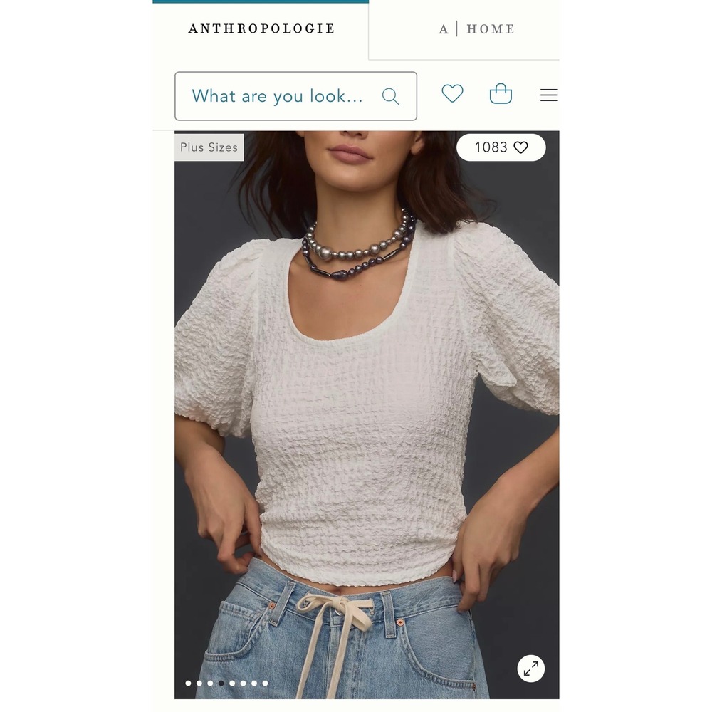 Anthropologie White Textured Puckered Puff Sleeve Scoop Neck Top Size M